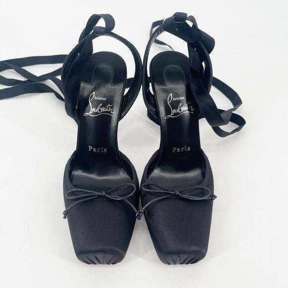 NWOB Christian Louboutin Cassia Black Crepe Satin Lace Up Square Toe Heels EU 38 - Picture 7 of 15